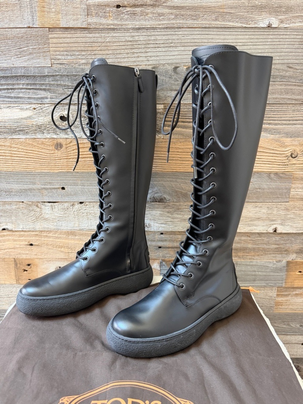 Tod's Black Leather Tall Knee-Length Lace-Up Side Zip Boots Size 39 / 8 NIB - Picture 2 of 14